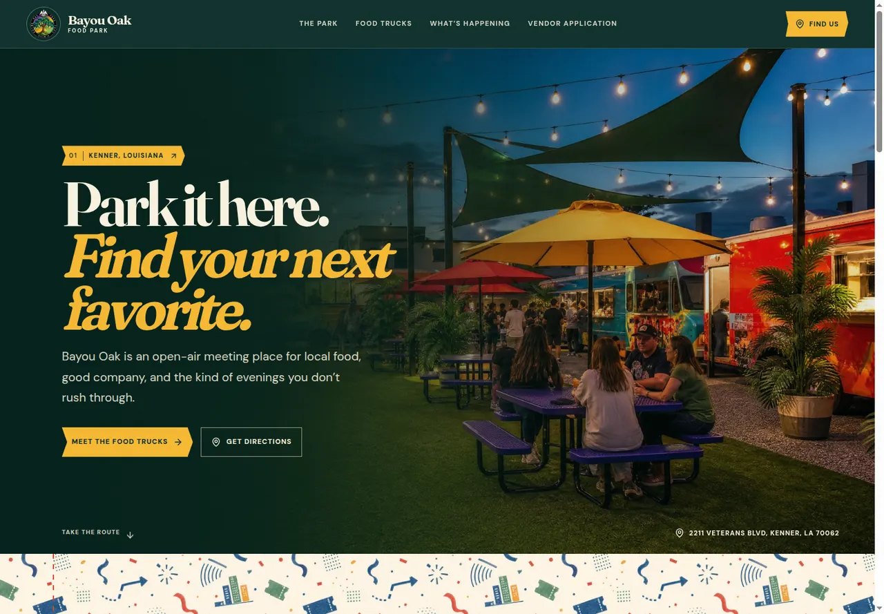 Bayou Oak Food Park website, desktop view