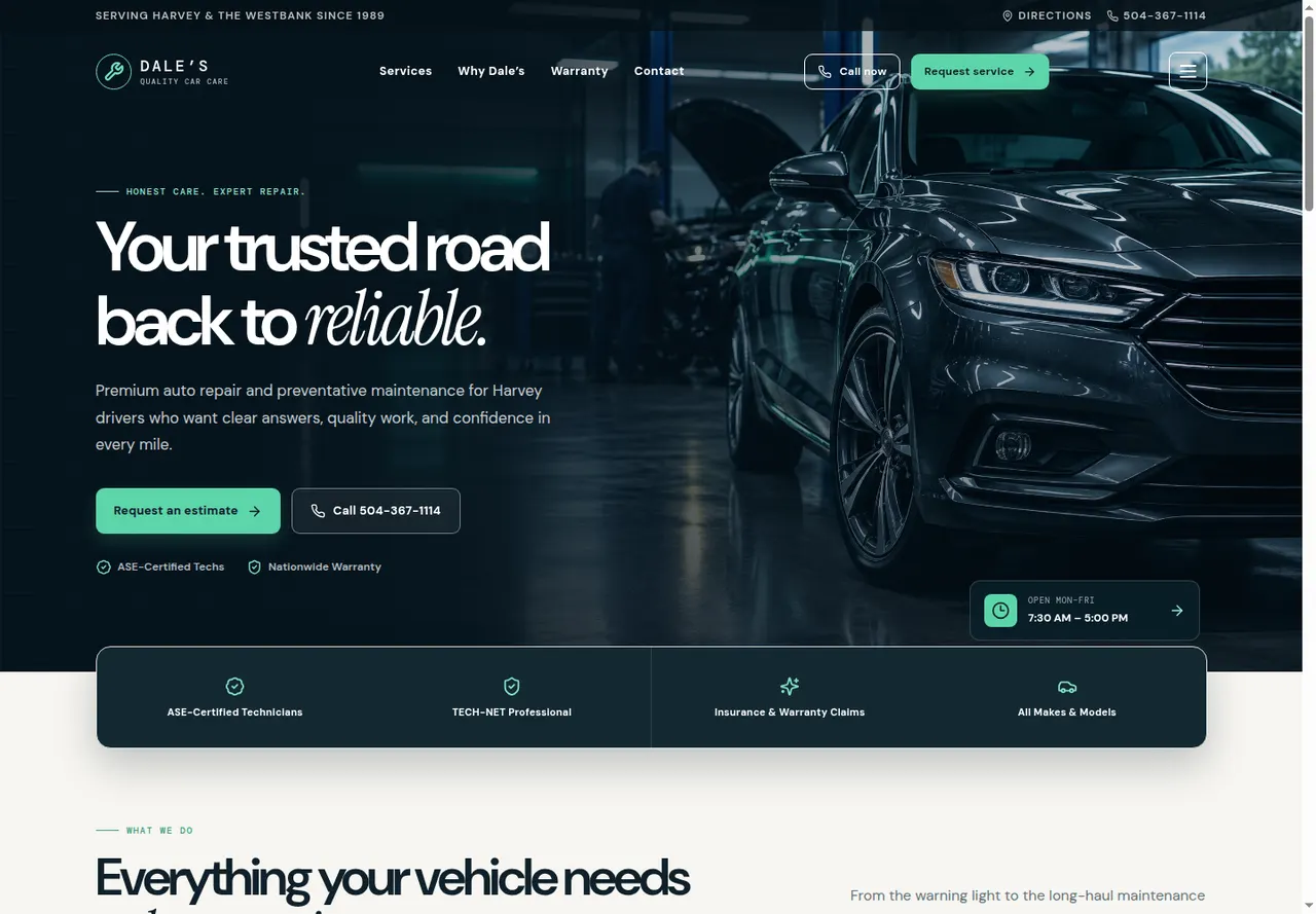 Dale’s Quality Car Care website, desktop view