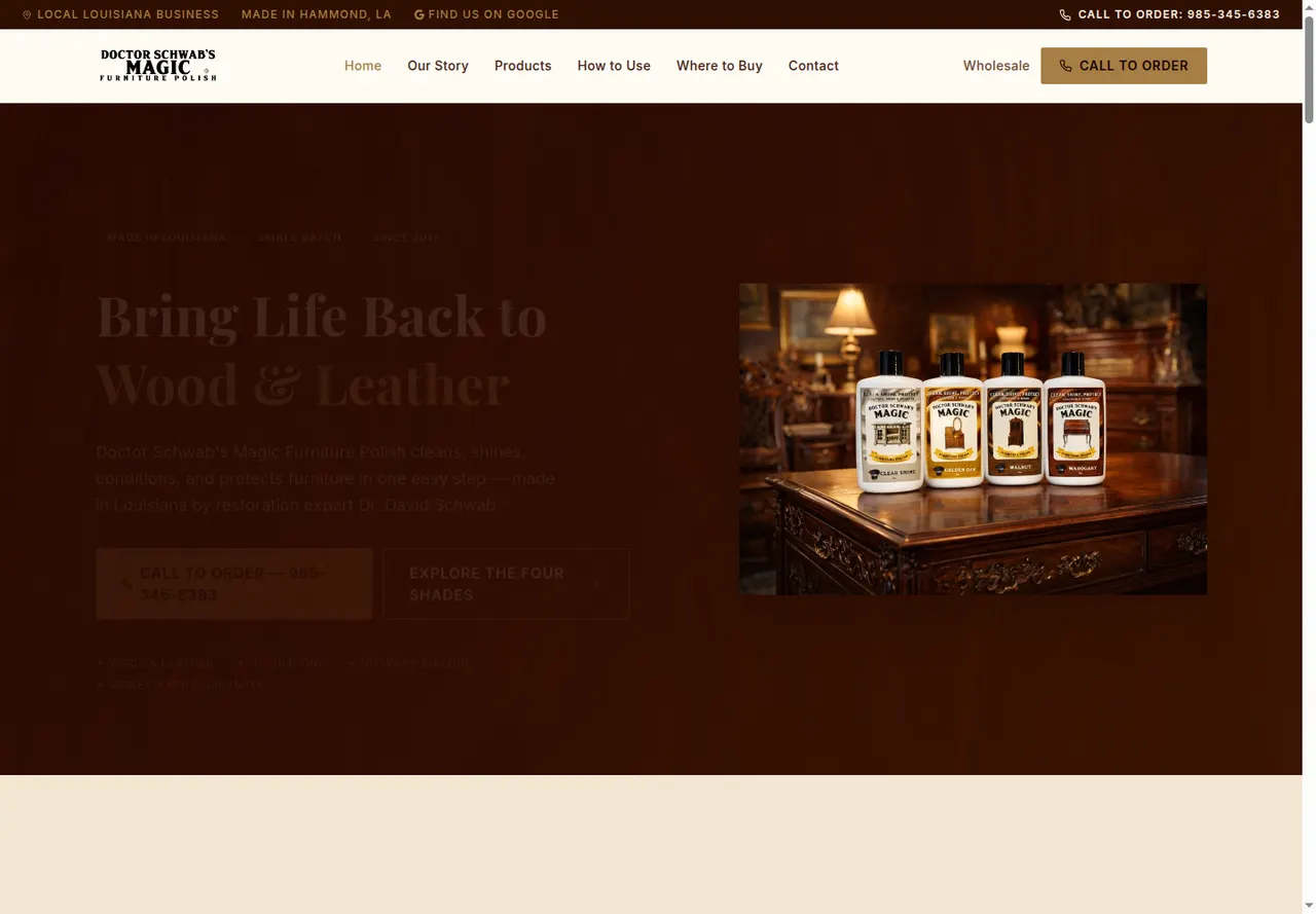Doctor Schwab’s Magic Furniture Polish website, desktop view