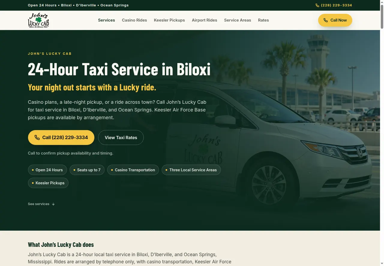 John’s Lucky Cab website, desktop view
